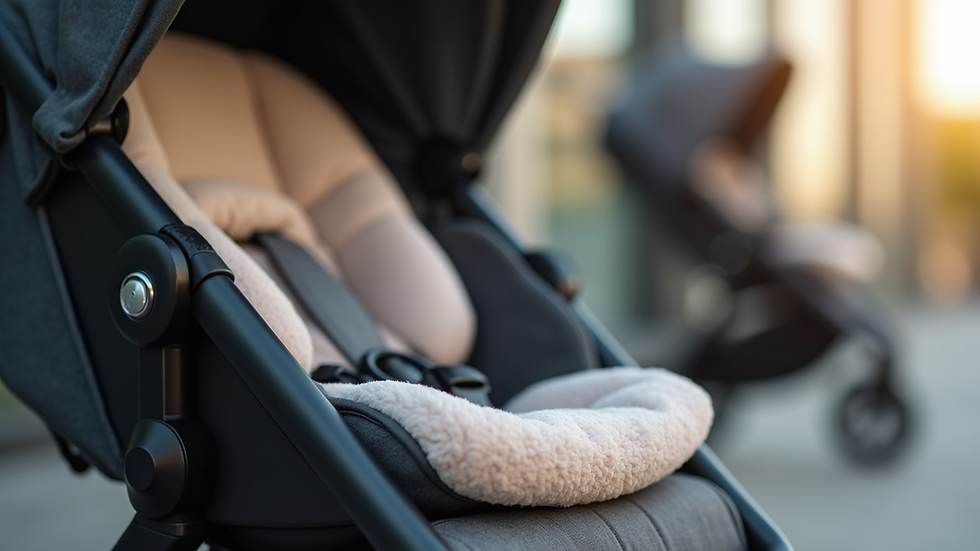 Close-up view of a baby travel system stroller seat with soft fabric