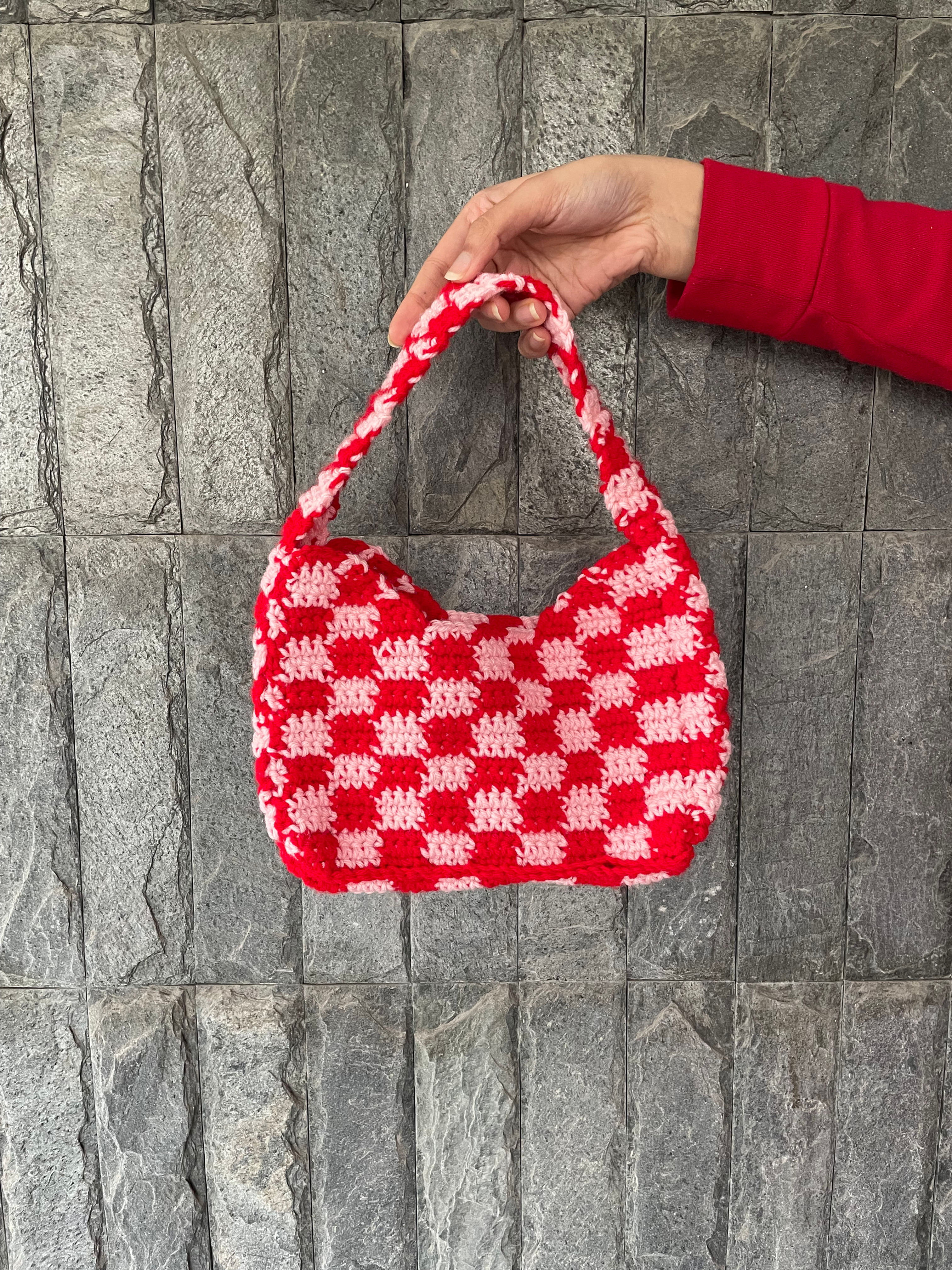 Crochet Pink & Red Checkered Purse