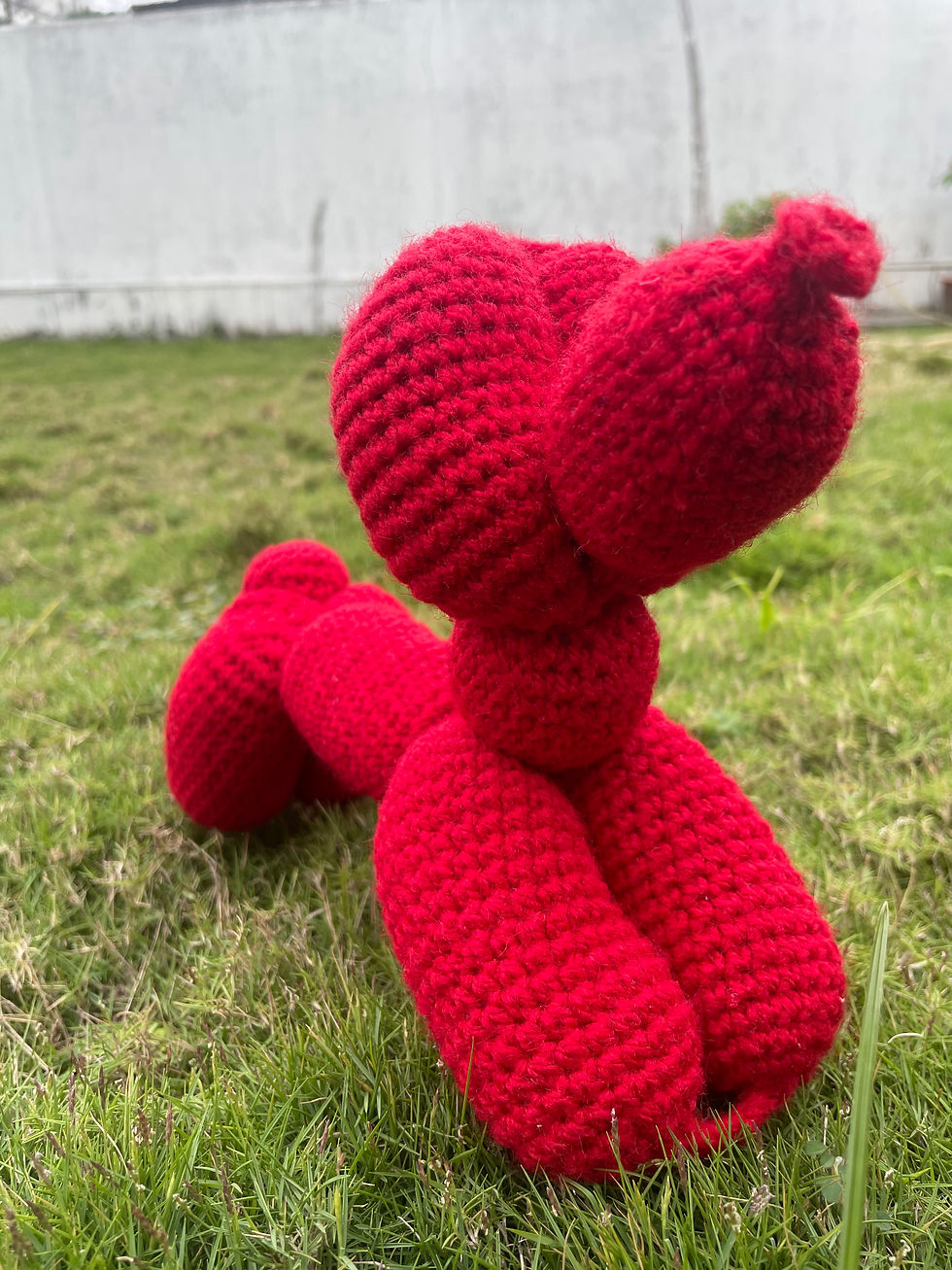 Crochet Red Balloon Dog Soft Toy Front View
