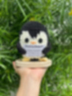 Crochet Positive Penguin Soft Toy on a Stand Front View