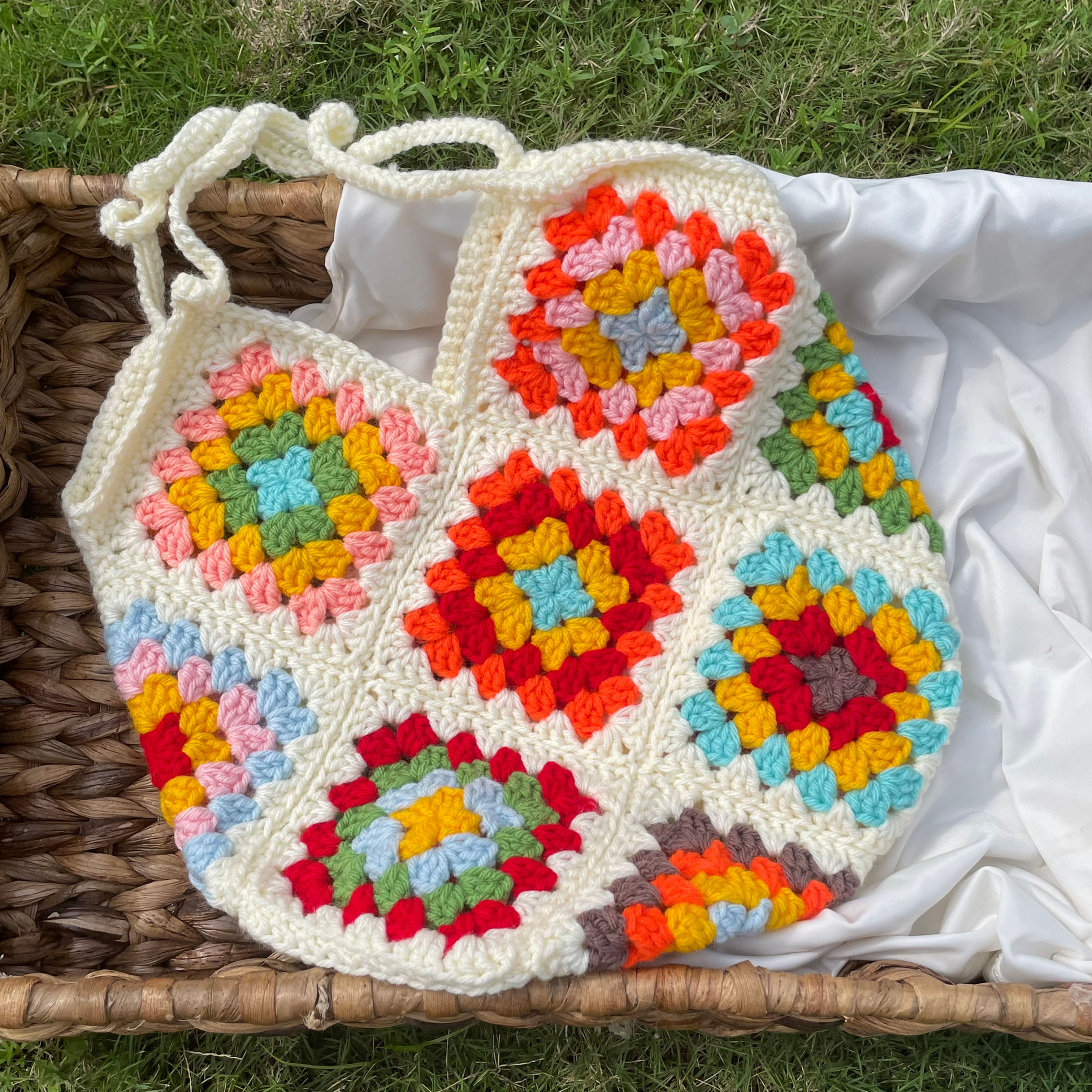 Crochet Multicolored Granny Square Tote Bag