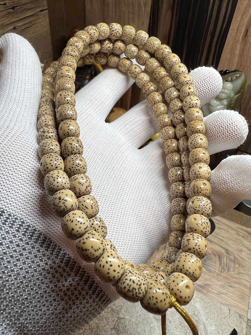 Thumbnail: 9×8mm Star & Moon Bodhi Prayer Golden Beads Mala Necklace