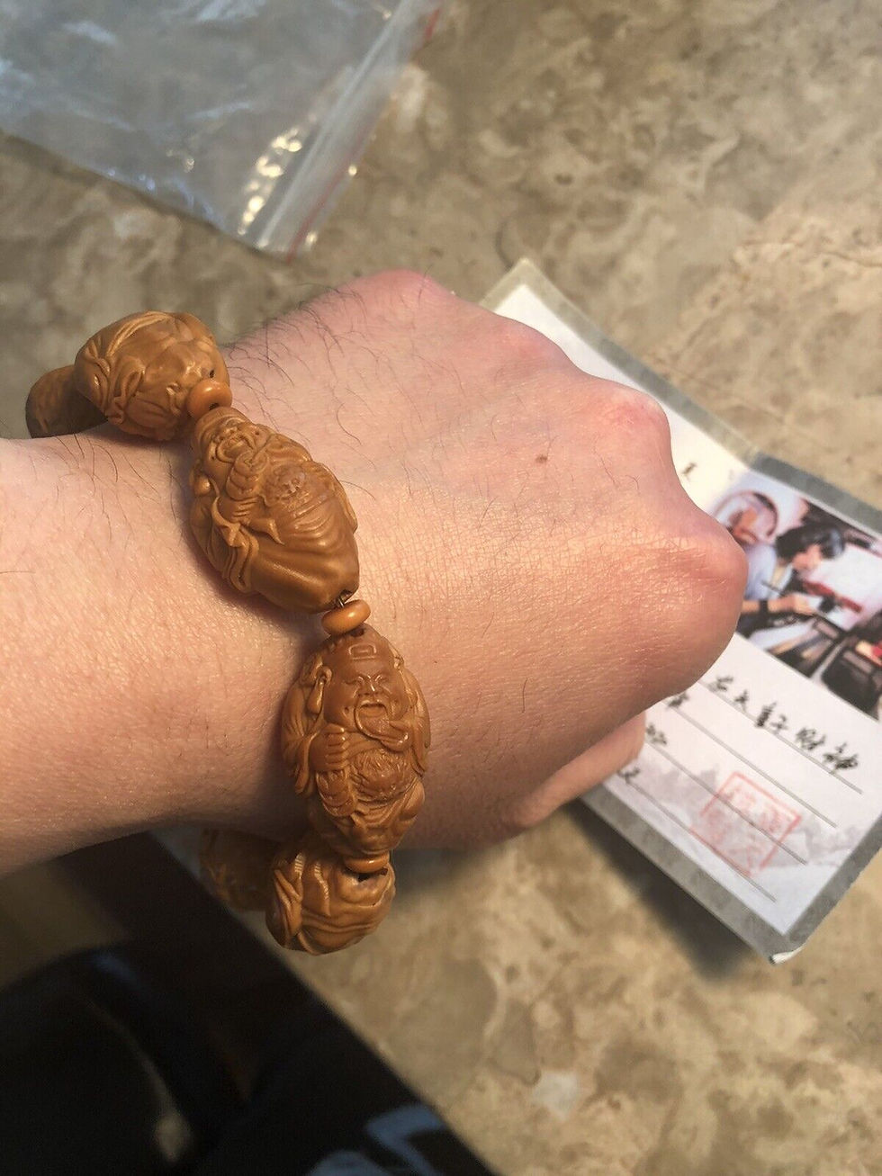 Thumbnail: Hand-Carved Olive Wood Wealth God Bracelet