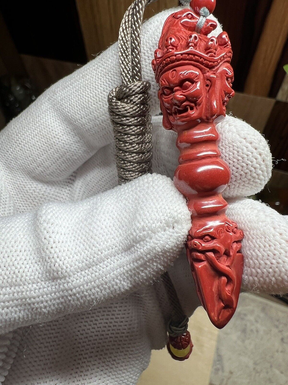 Thumbnail: Exquisite Cinnabar Hand Carved Tibetan Vajra Pestle 64×16mm
