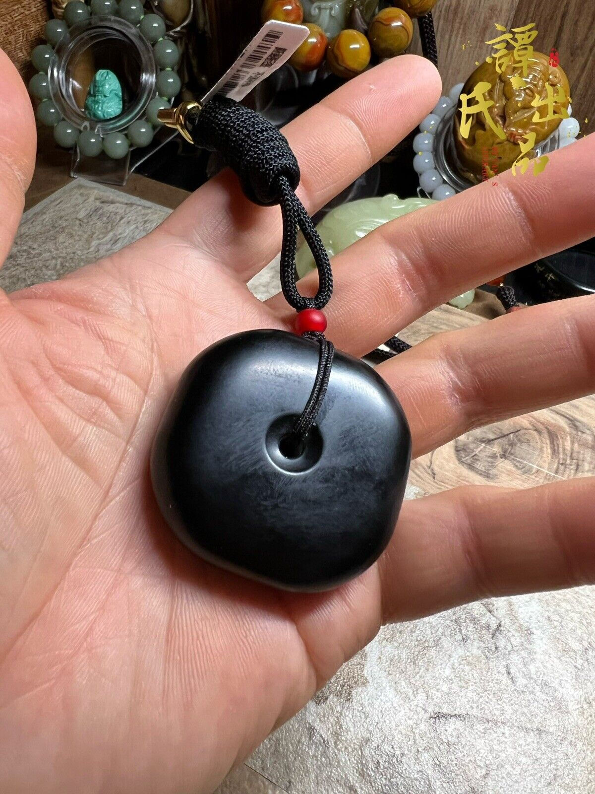 Tibetan-Inspired Hetian Full-Black Jade Peace Buckle Necklace