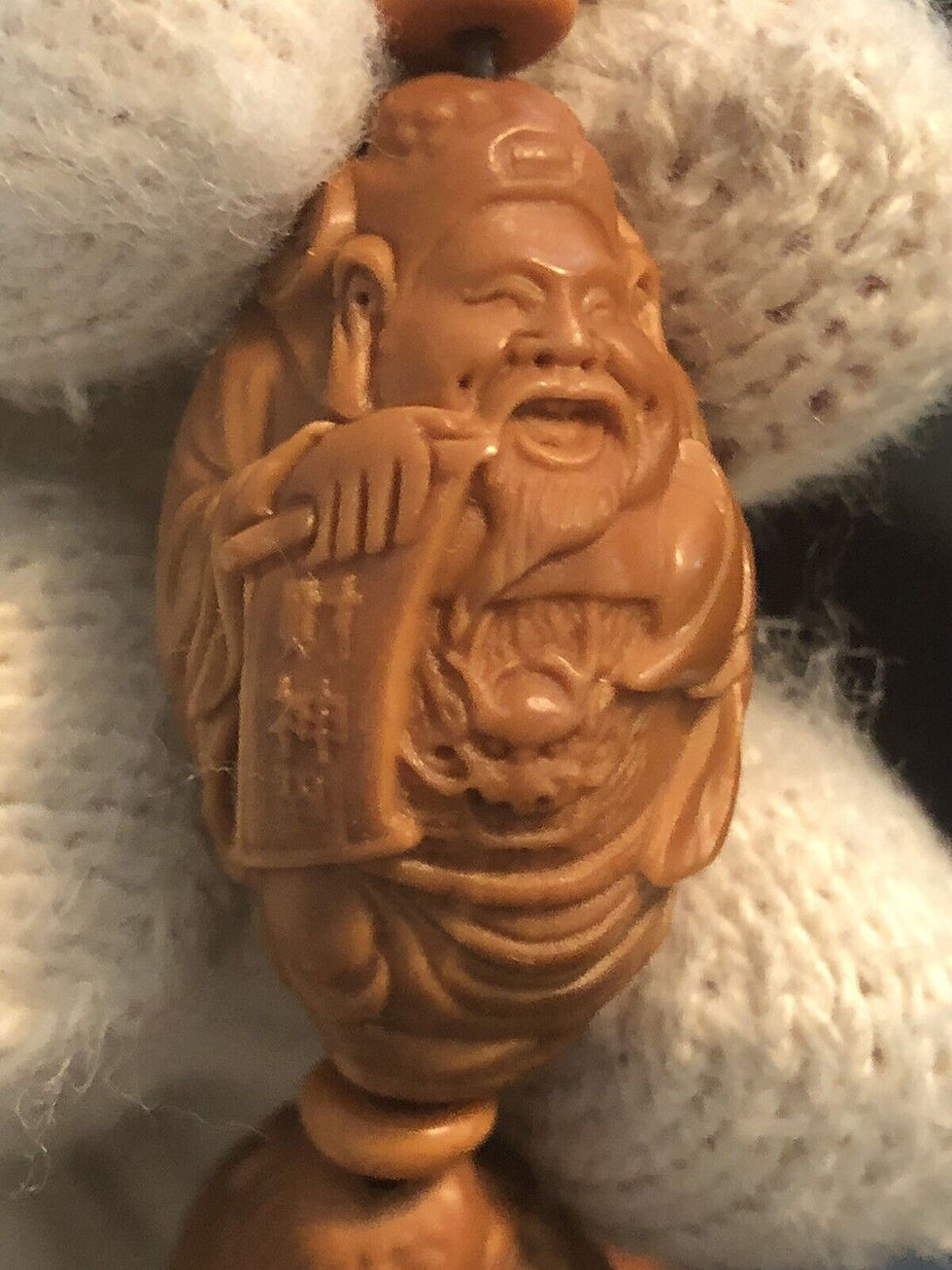Thumbnail: Hand-Carved Olive Wood Wealth God Bracelet
