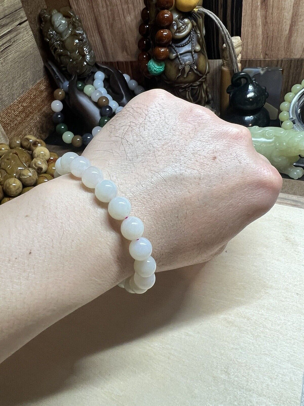 Thumbnail: 10mm Hetian Jade Lotus Pink Bracelet