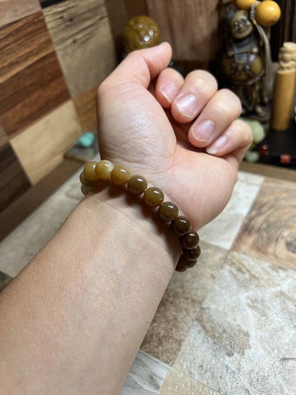 Thumbnail: 10mm Hetian Golden Mountain Sugar Jade Bracelet