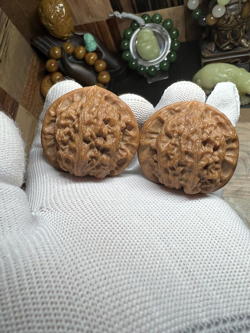 Thumbnail: Exquisite Matched Chinese Health Walnut Pair - Scholar's Cap Design