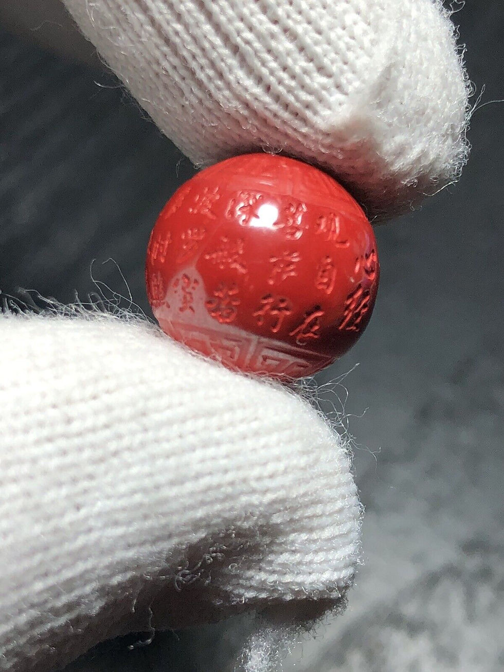 Thumbnail: 14mm Hand-Carved Cinnabar Heart Sutra Bead Bracelet