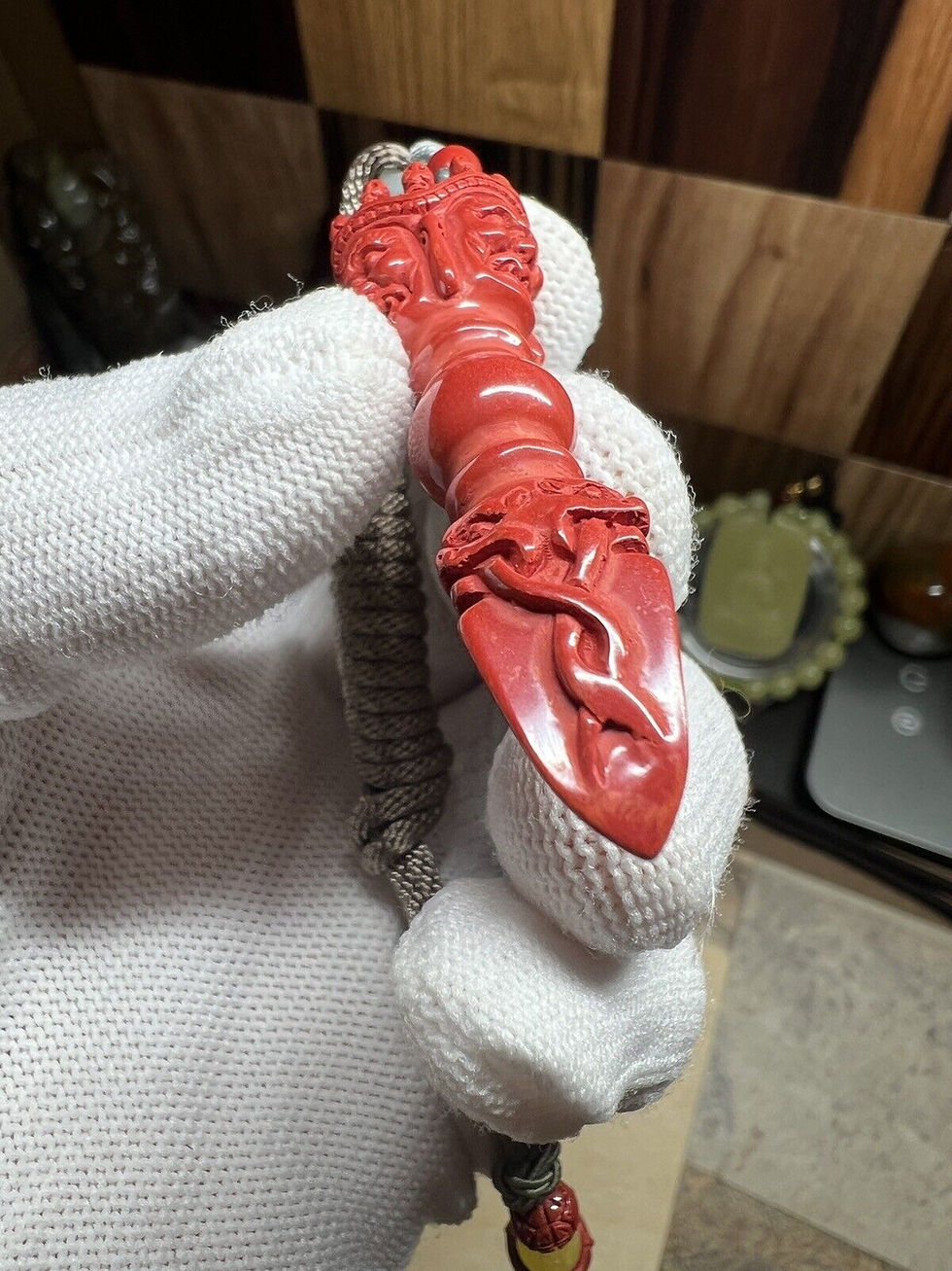 Thumbnail: Exquisite Cinnabar Hand Carved Tibetan Vajra Pestle 64×16mm