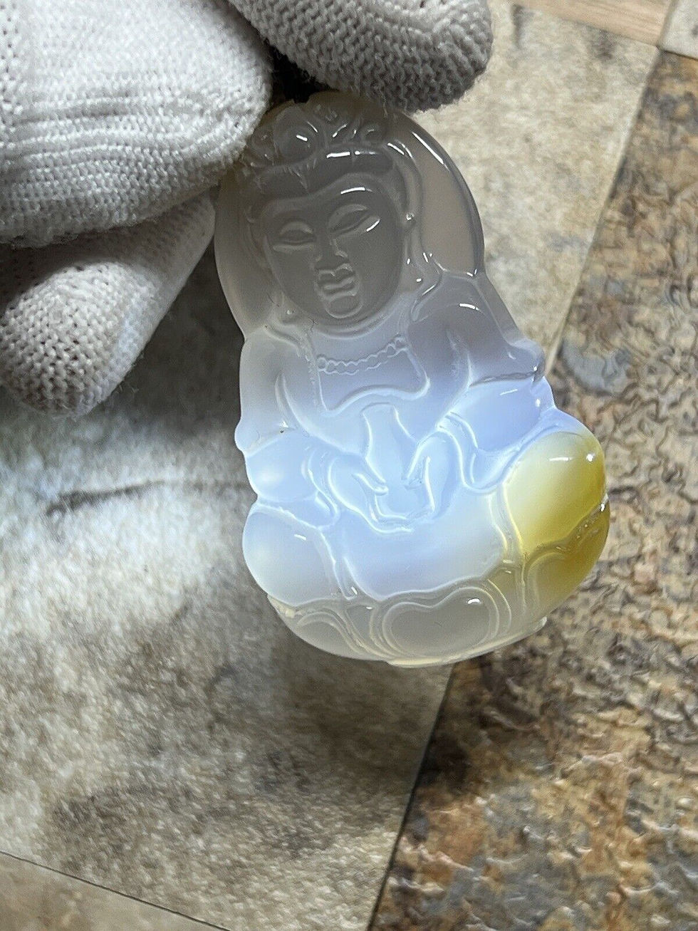 Thumbnail: Chalcedony Hand-Carved GuanYin Pendant