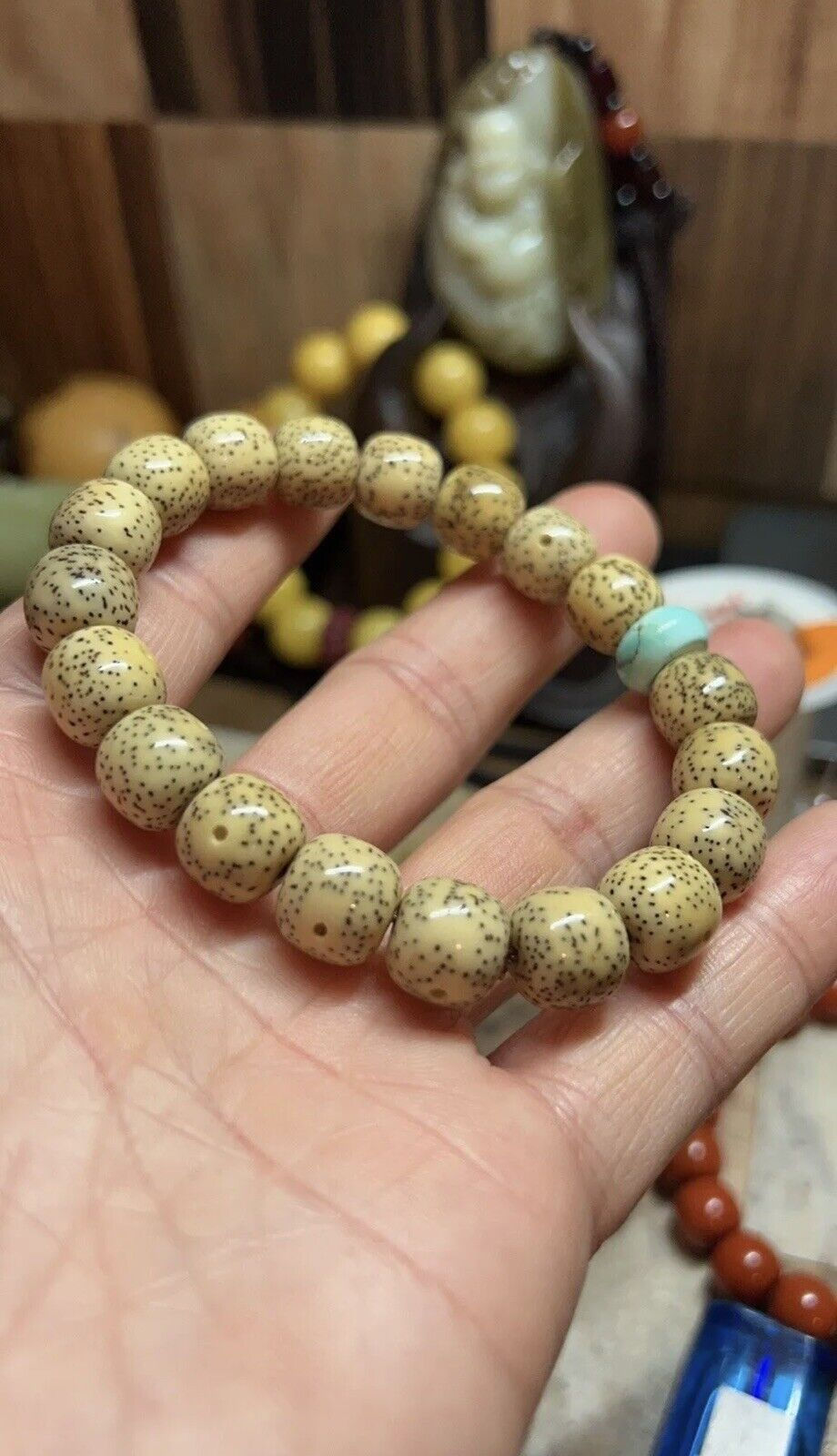 Thumbnail: 11×10mm Star & Moon Bodhi Original White Beads Mala Bracelet