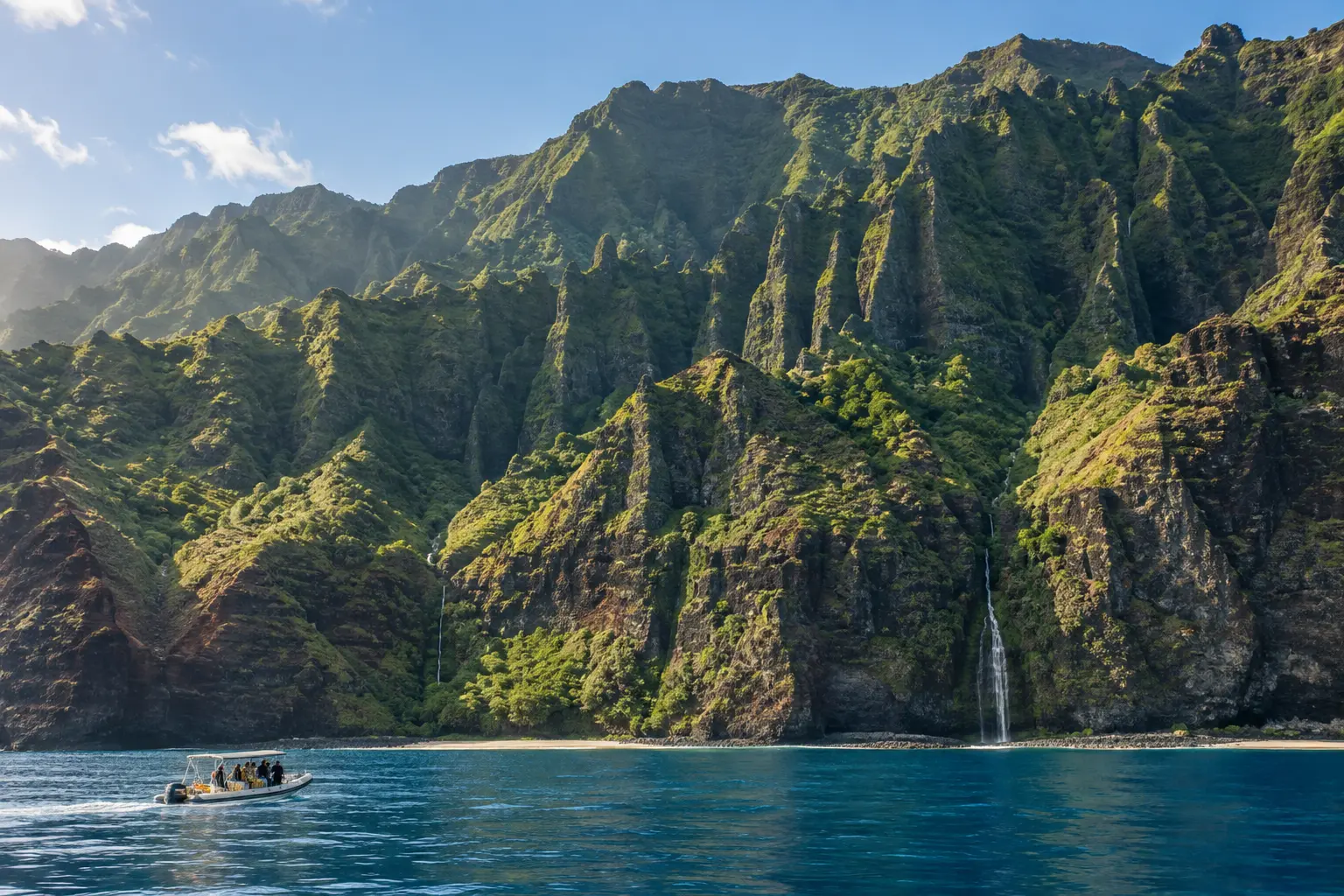 Green sea cliffs and turquoise water along the Na Pali Coast of Kauai