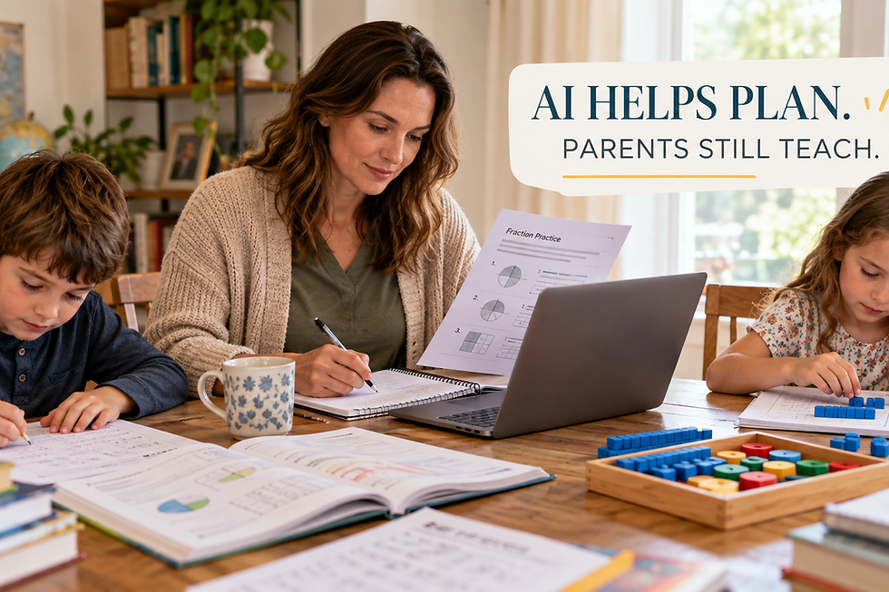Homeschooling parent reviews AI-assisted lesson materials while two children complete hands-on learning activities.