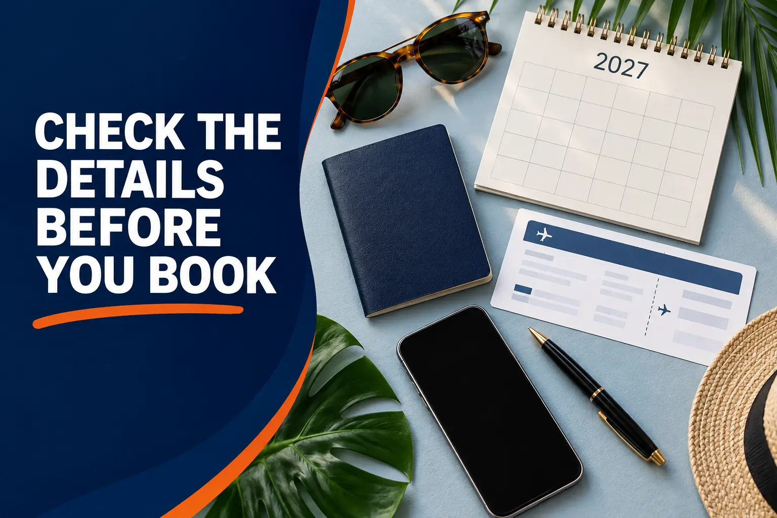 2027 travel planning calendar, passport and itinerary with booking checklist text overlay