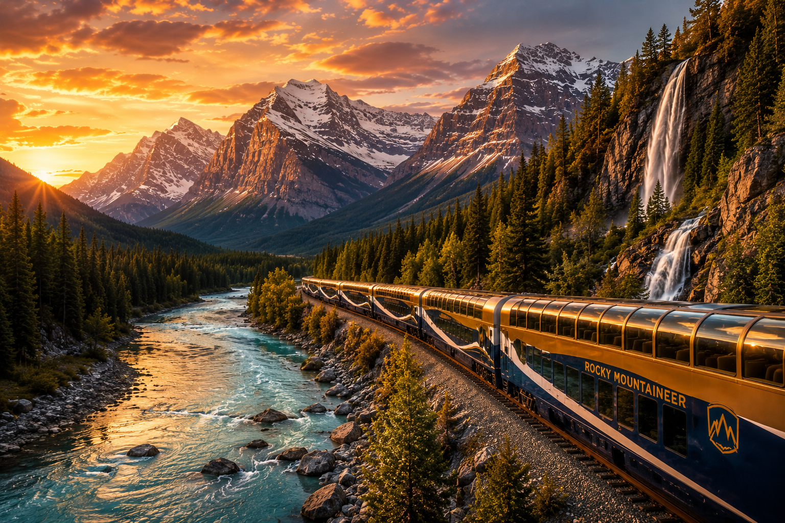 Rocky Mountaineer GoldLeaf luxury train crossing the Canadian Rockies at sunset beside a turquoise river, surrounded by mountains, waterfalls, and evergreen forests.