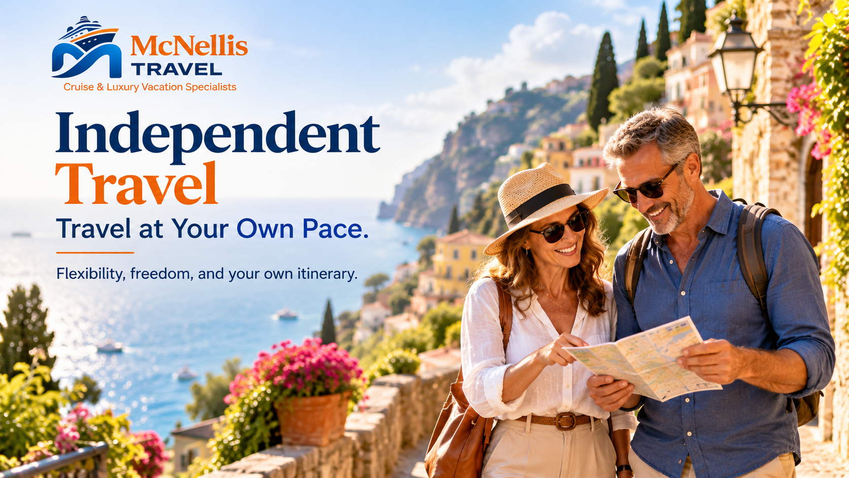 Couple independently exploring a picturesque Italian coastal village with a map, enjoying the freedom to discover attractions and travel at their own pace.
