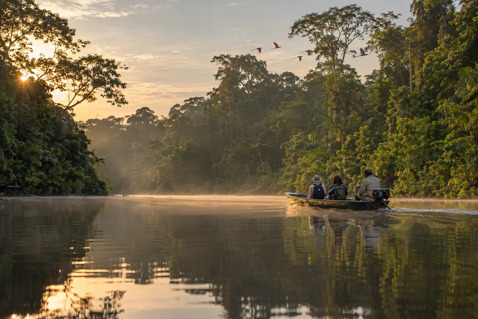 Rainforest river and colorful macaws in Peru's Tambopata Amazon region