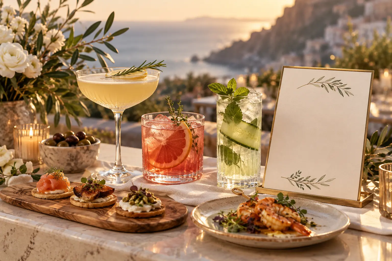 Travel-inspired wedding cocktails, alcohol-free drink and international appetizers at sunset
