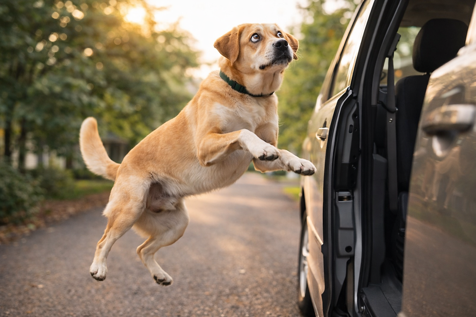 Dog preparing to jump into car with exaggerated thoughtful expression