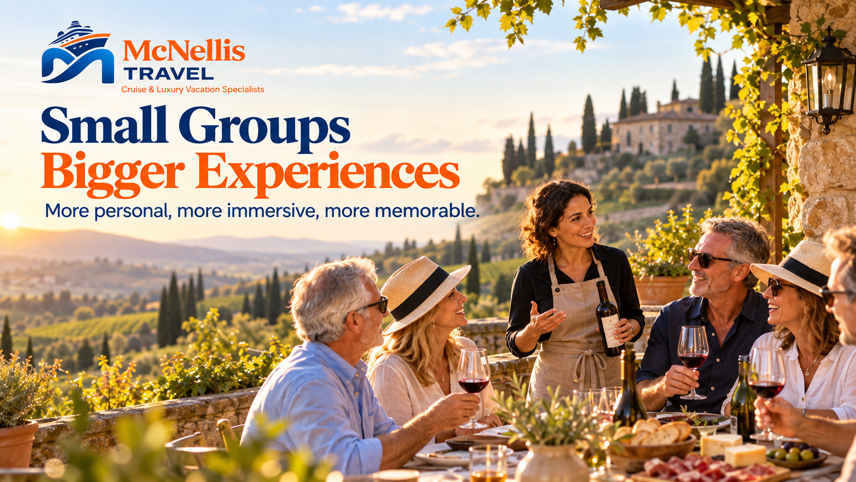 Small group of travelers enjoying a personalized guided experience on a scenic Tuscan terrace, highlighting the benefits of intimate group tours and private guiding.