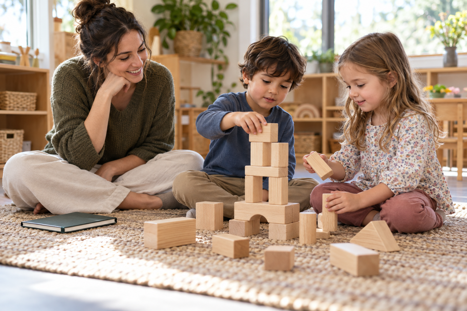 Educator watching two children build with wooden blocks on a rug