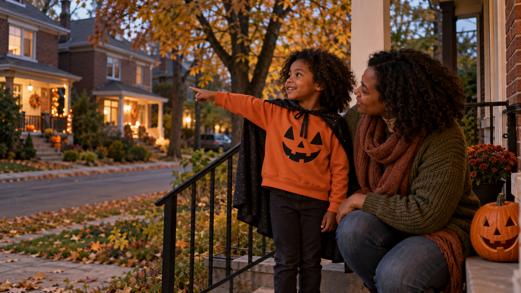 Une mère et son enfant regardent les décorations d’Halloween du quartier depuis leur perron.