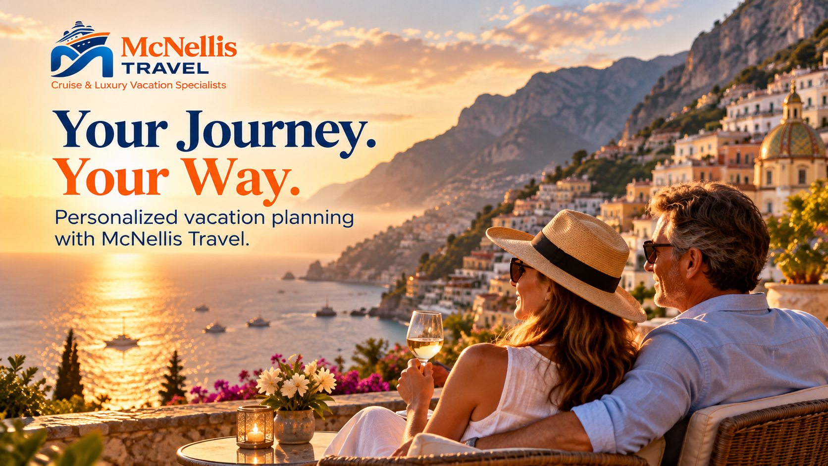 Couple enjoying a peaceful Mediterranean sunset overlooking the coastline, representing a personalized vacation planned around their travel interests and preferences.