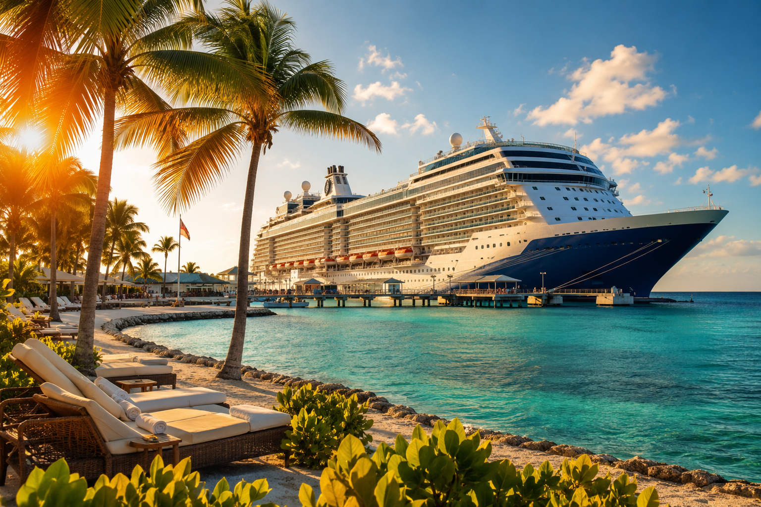 Cruise ship docked at Caribbean destination. 
