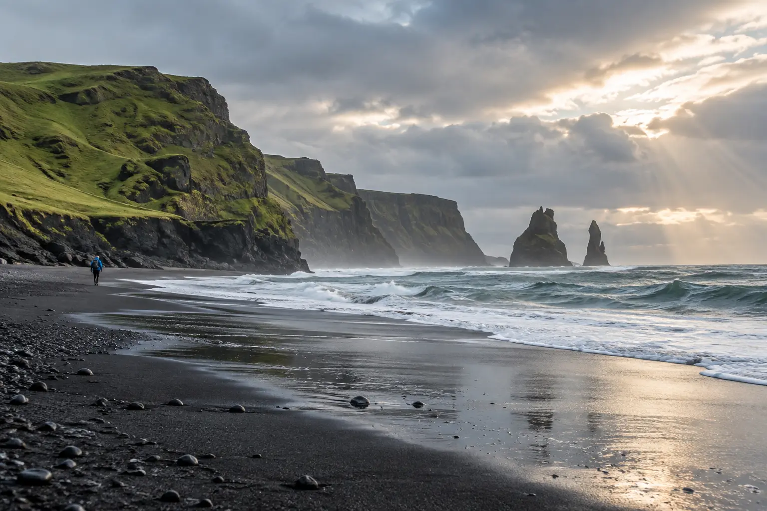 Waterfall, volcanic landscape, and winding road in Iceland