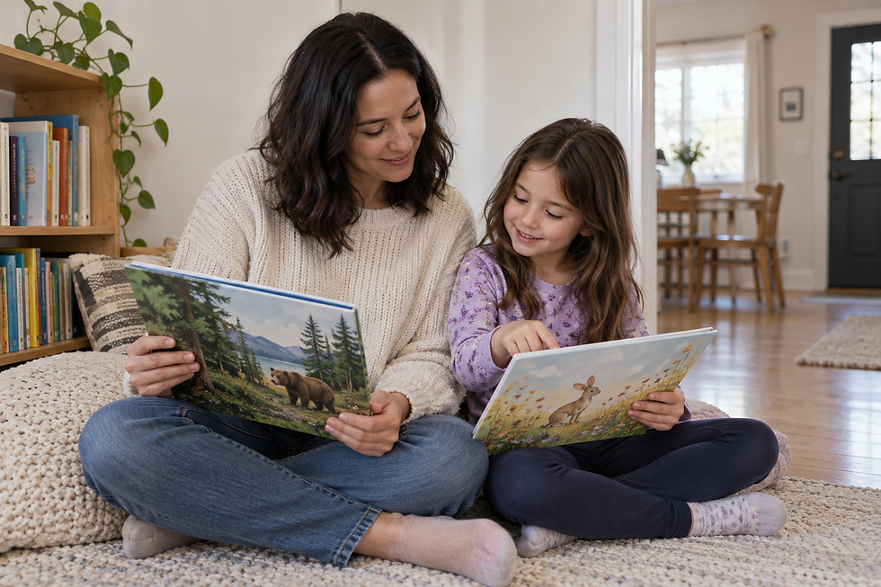 Parent and child choosing books together for a quiet home corner
