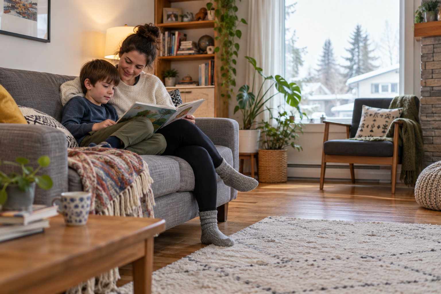 Mother and child reading a picture book together on a sofa at home.