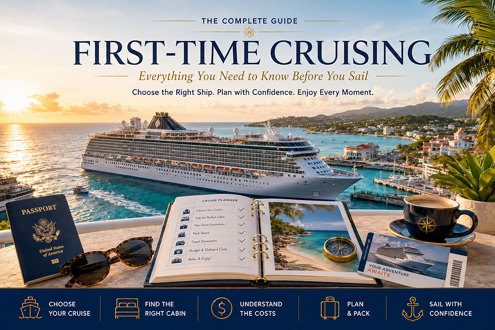 First-time cruising guide featuring a luxury cruise ship, tropical destination, stateroom, dining, entertainment, and shore excursion planning.