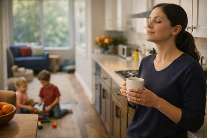 Parent taking a calming moment in the kitchen while children play nearby.png