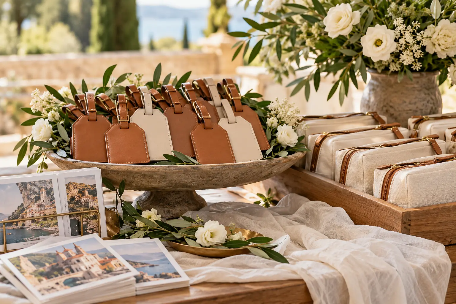 Personalized leather luggage-tag wedding favors with travel pouches and destination postcards