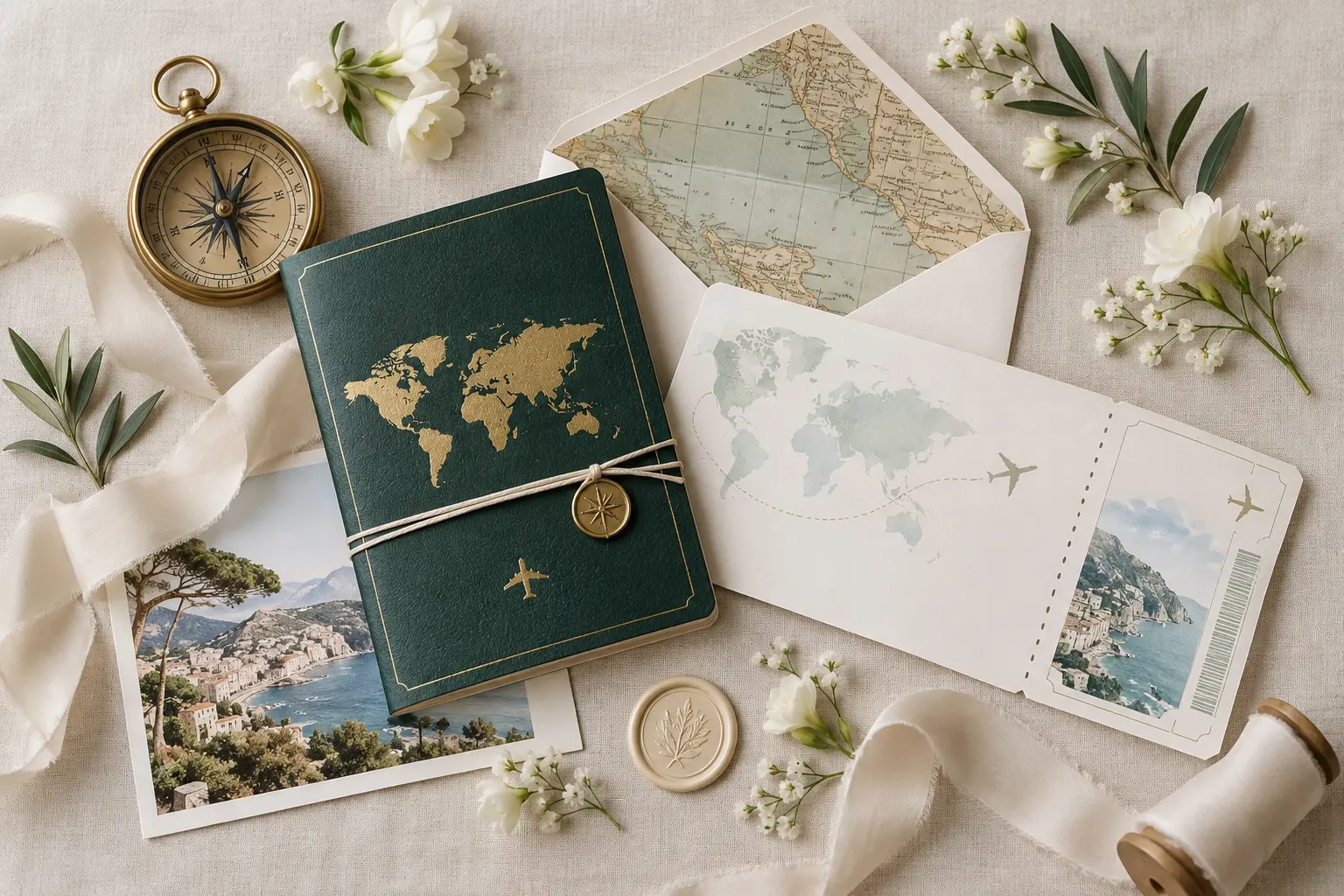 Sophisticated passport-inspired wedding invitations with travel stationery and a vintage compass