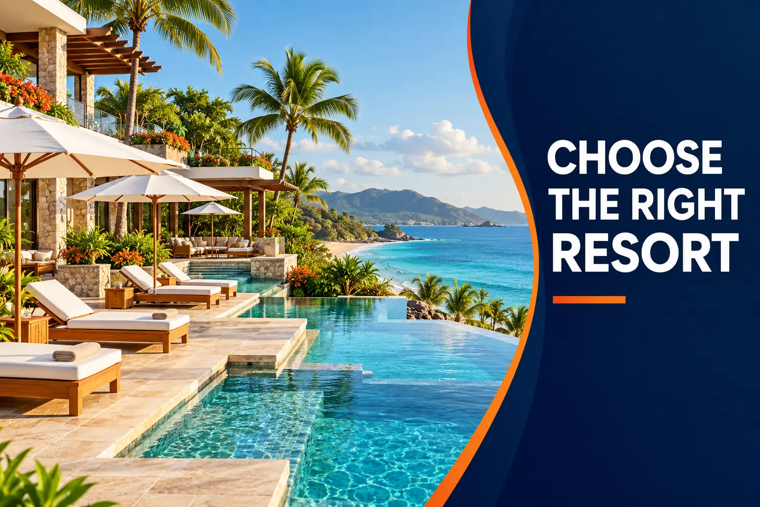 Tropical beachfront resort with Choose the Right Resort text overlay