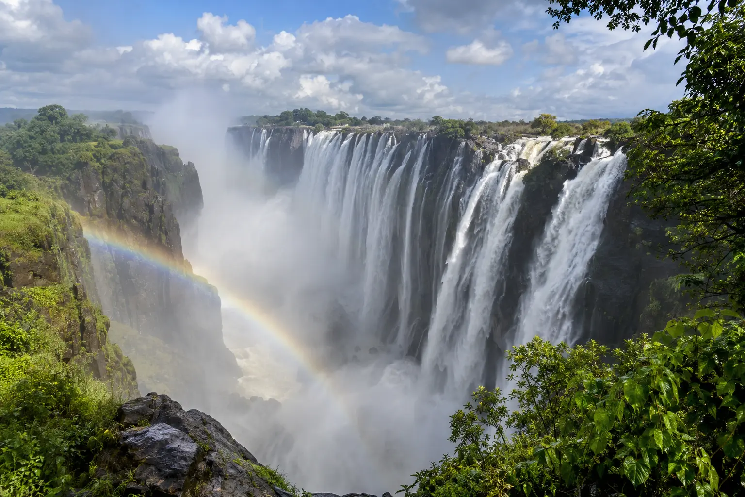 Victoria Falls viewed through mist from the Zambia side