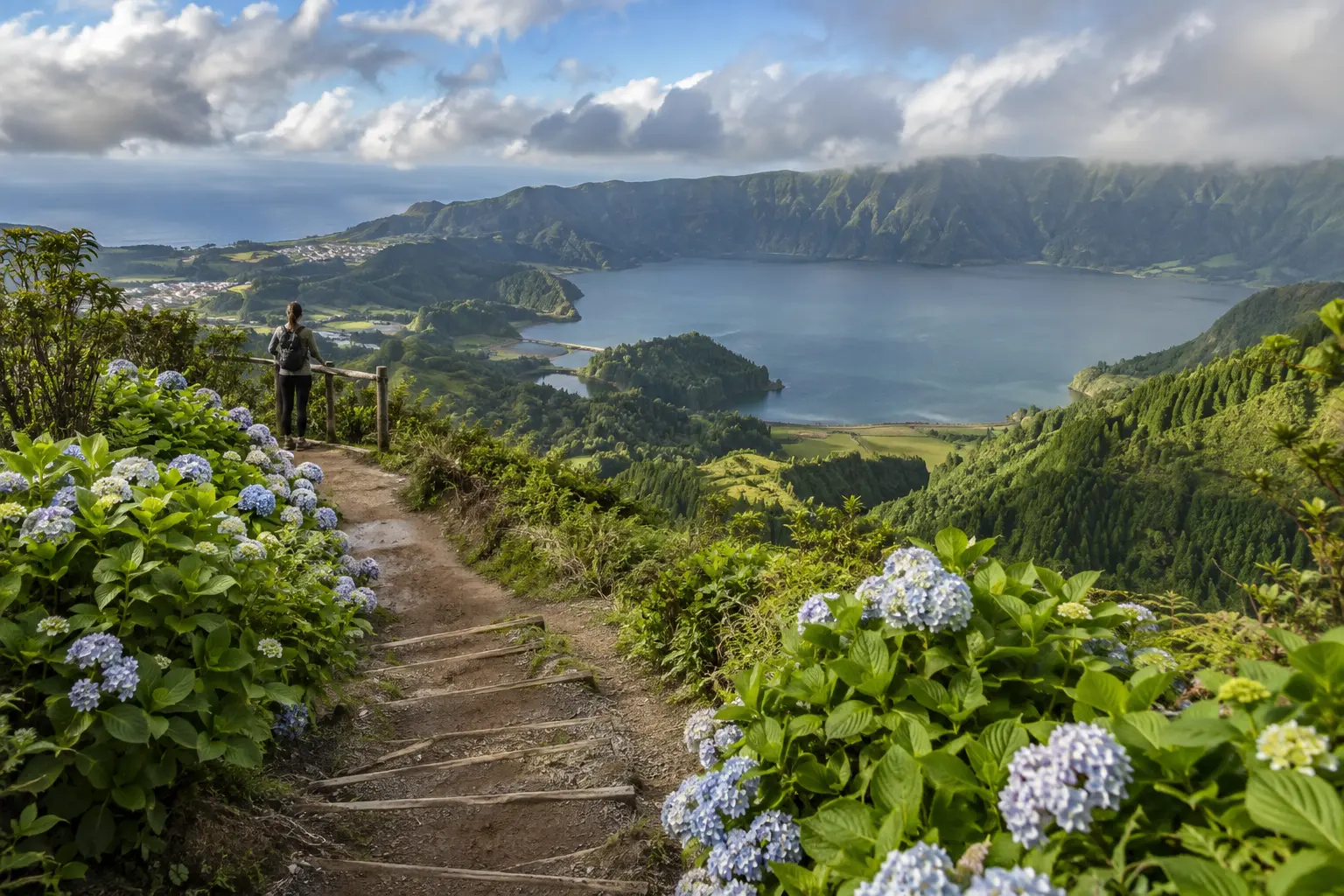 Green volcanic crater lake and hydrangeas in the Azores, Portugal