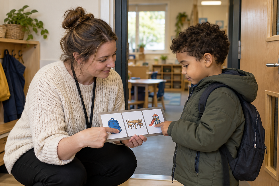 Teacher showing a student picture cards near a classroom door