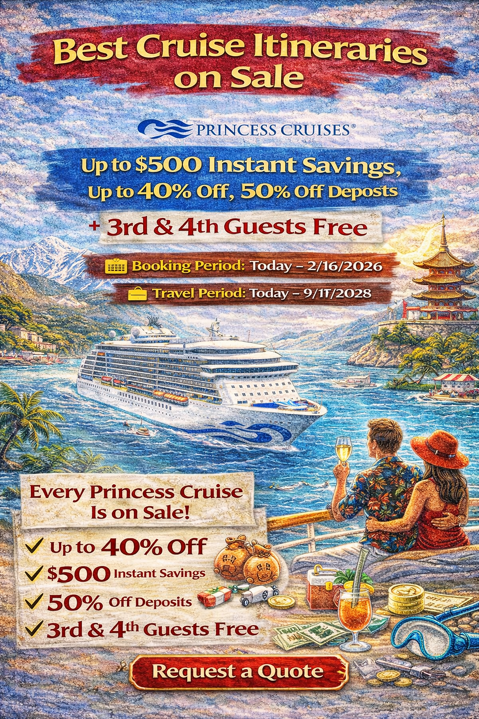 Illustrated Princess Cruises promotion highlighting up to 40% savings, instant onboard credits, and global cruise itineraries on sale.
