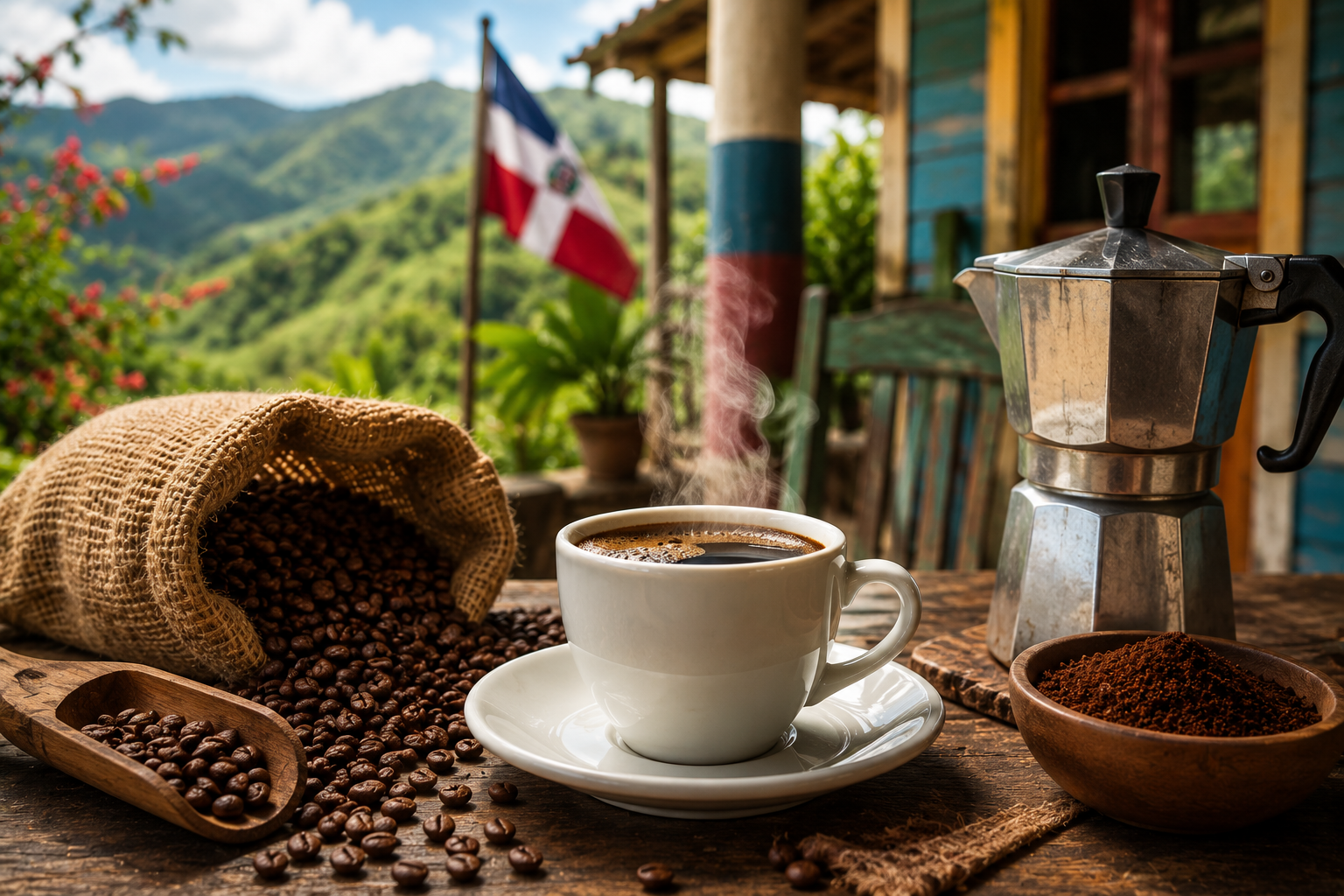Freshly brewed Dominican coffee served with locally grown coffee beans on a rustic table overlooking the lush mountain landscapes of the Dominican Republic, showcasing the country's rich coffee-growing heritage and tropical beauty.