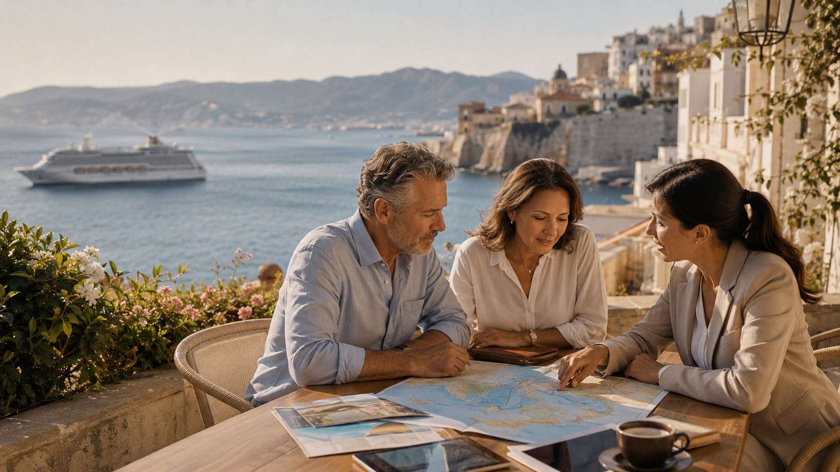 Travel agent helping a couple compare Mediterranean cruise itineraries overlooking a coastal harbor