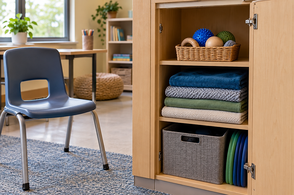 Classroom cupboard storing tactile objects and folded fabrics beside a chair