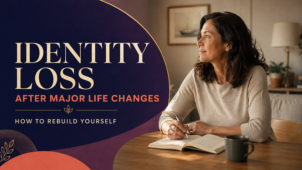 Woman journaling and reflecting after a major life change as she begins rebuilding her identity