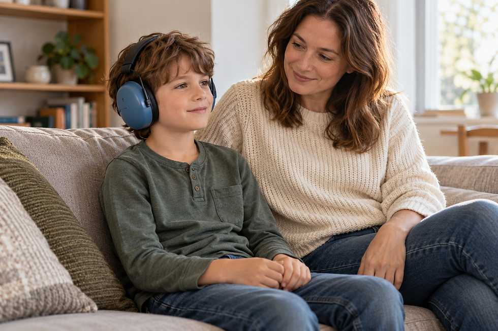 Child wearing over-ear hearing support while seated beside a caregiver.
