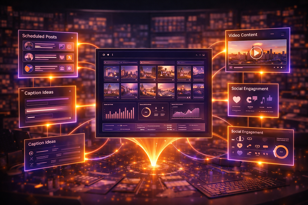 A futuristic social media content dashboard showing scheduled posts, caption ideas, video content, analytics, and social engagement connected through glowing purple and orange pathways, ultra-realistic, no text overlay.