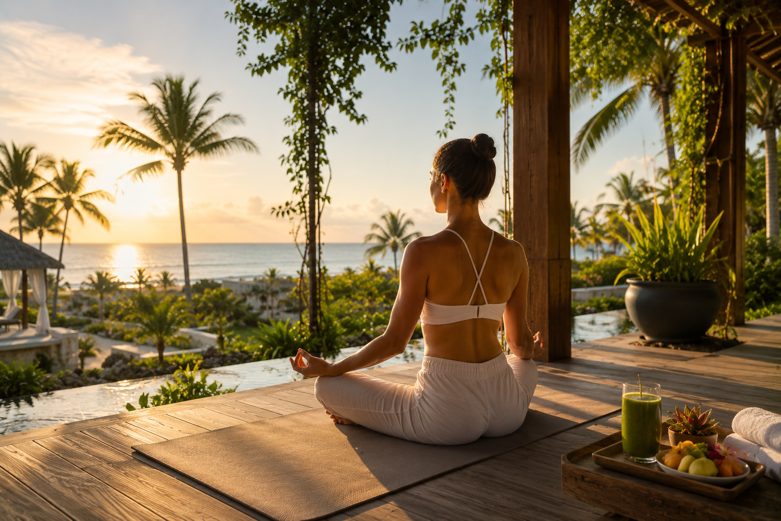 Guest practicing sunrise yoga on an open-air deck overlooking the Caribbean Sea at a luxury Cap Cana resort, surrounded by tropical gardens and palm trees, representing wellness, mindfulness, and relaxation beyond the spa in the Dominican Republic.