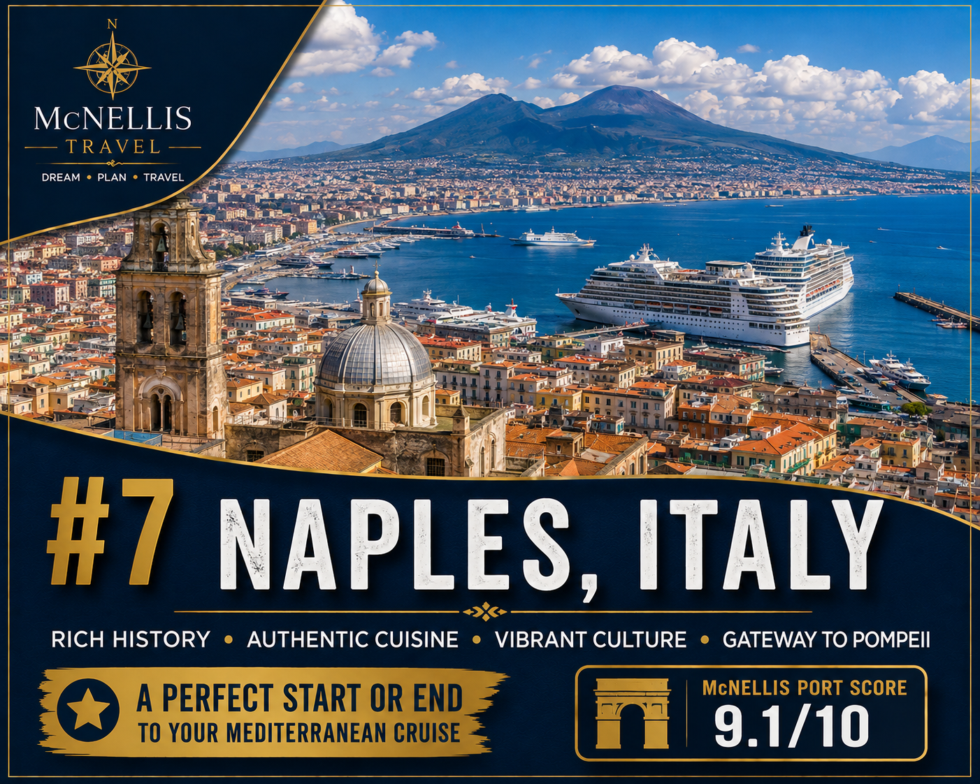 Naples Italy Mediterranean cruise port with Mount Vesuvius, historic city skyline and Bay of Naples